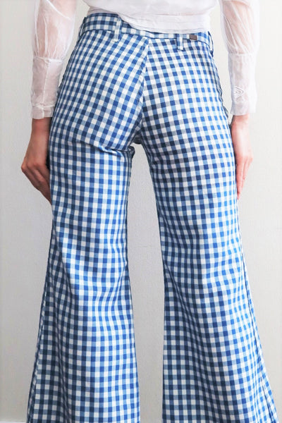 70s Gingham Plaid Cotton Bell Bottom Pants