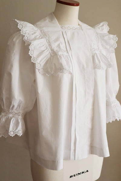 1900s Frilled Sailor Collar White Cotton Blouse