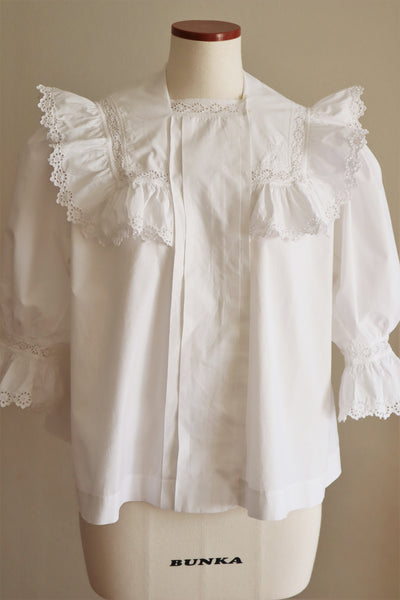 1900s Frilled Sailor Collar White Cotton Blouse