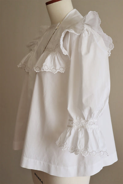 1900s Frilled Sailor Collar White Cotton Blouse