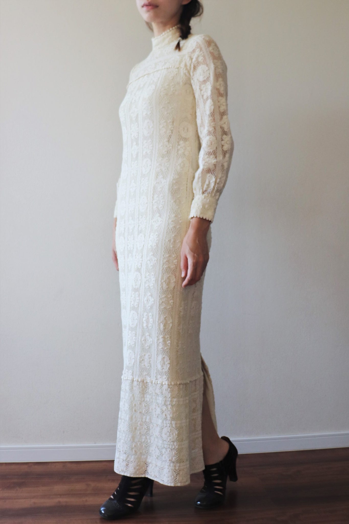 70s Vintage Cream Lace Maxi Dress