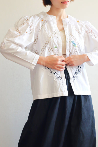 80s Embroidered Leg Of Mutton Puffy Sleeves Blouse