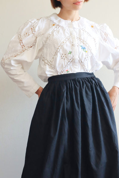 80s Embroidered Leg Of Mutton Puffy Sleeves Blouse