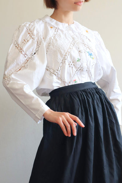 80s Embroidered Leg Of Mutton Puffy Sleeves Blouse
