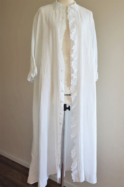 1900s Hand Embroidery Beautiful Tuck Design White Cotton Long Dress