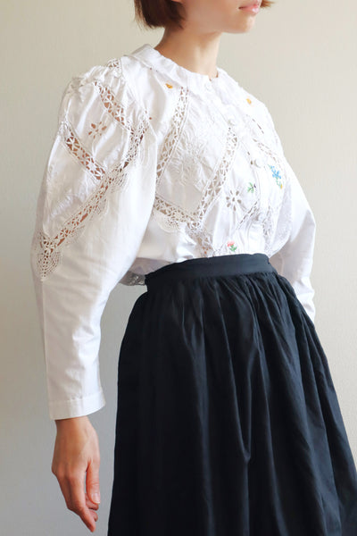 80s Embroidered Leg Of Mutton Puffy Sleeves Blouse