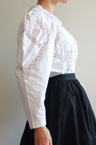 80s Embroidered Leg Of Mutton Puffy Sleeves Blouse