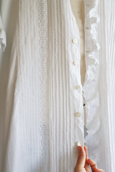 1900s Hand Embroidery Beautiful Tuck Design White Cotton Long Dress