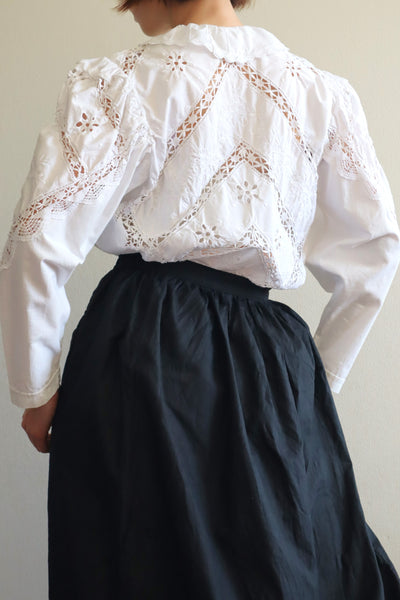 80s Embroidered Leg Of Mutton Puffy Sleeves Blouse