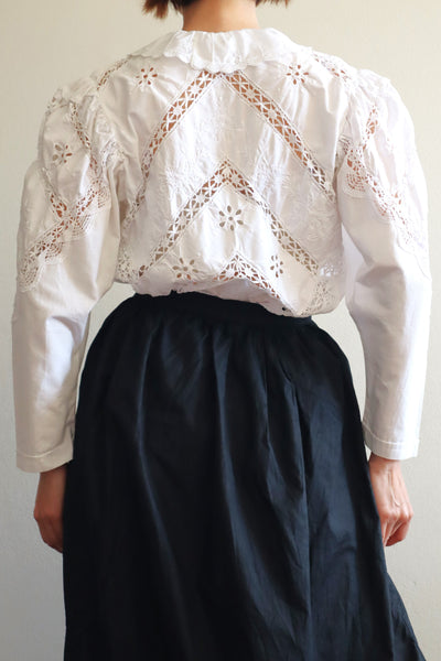 80s Embroidered Leg Of Mutton Puffy Sleeves Blouse