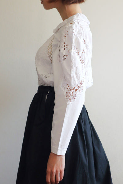 80s Embroidered Leg Of Mutton Puffy Sleeves Blouse