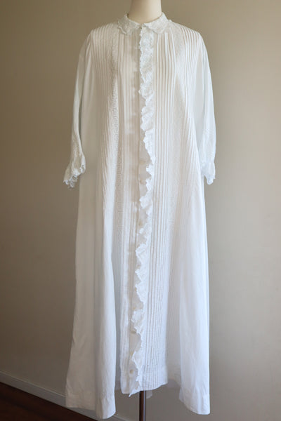 1900s Hand Embroidery Beautiful Tuck Design White Cotton Long Dress