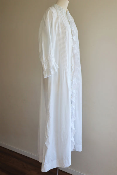 1900s Hand Embroidery Beautiful Tuck Design White Cotton Long Dress