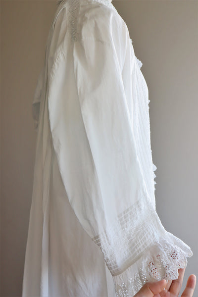 1900s Hand Embroidery Beautiful Tuck Design White Cotton Long Dress