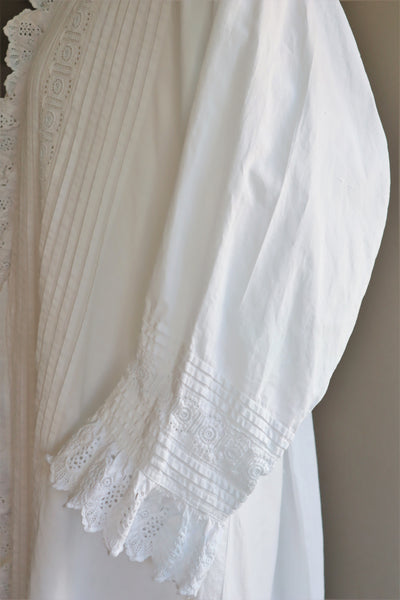 1900s Hand Embroidery Beautiful Tuck Design White Cotton Long Dress