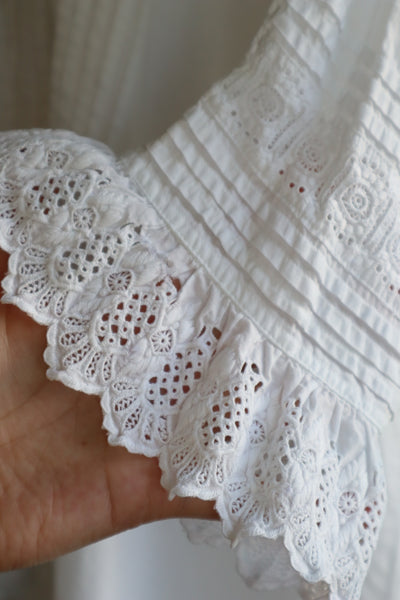 1900s Hand Embroidery Beautiful Tuck Design White Cotton Long Dress