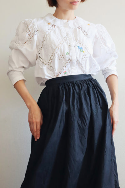 80s Embroidered Leg Of Mutton Puffy Sleeves Blouse