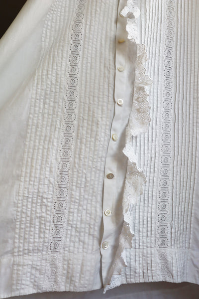 1900s Hand Embroidery Beautiful Tuck Design White Cotton Long Dress