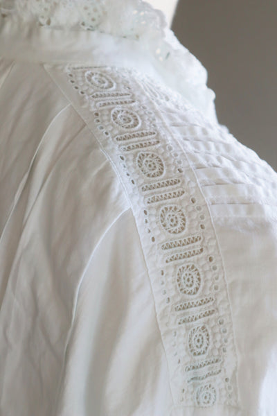 1900s Hand Embroidery Beautiful Tuck Design White Cotton Long Dress