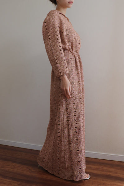 70s Rose Gold Lurex Handmade Crochet Maxi Dress