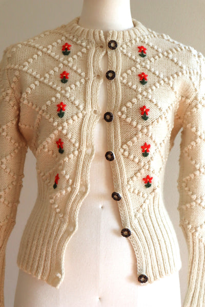 80s Off White Red Flower Embroidery Austrian Cardigan