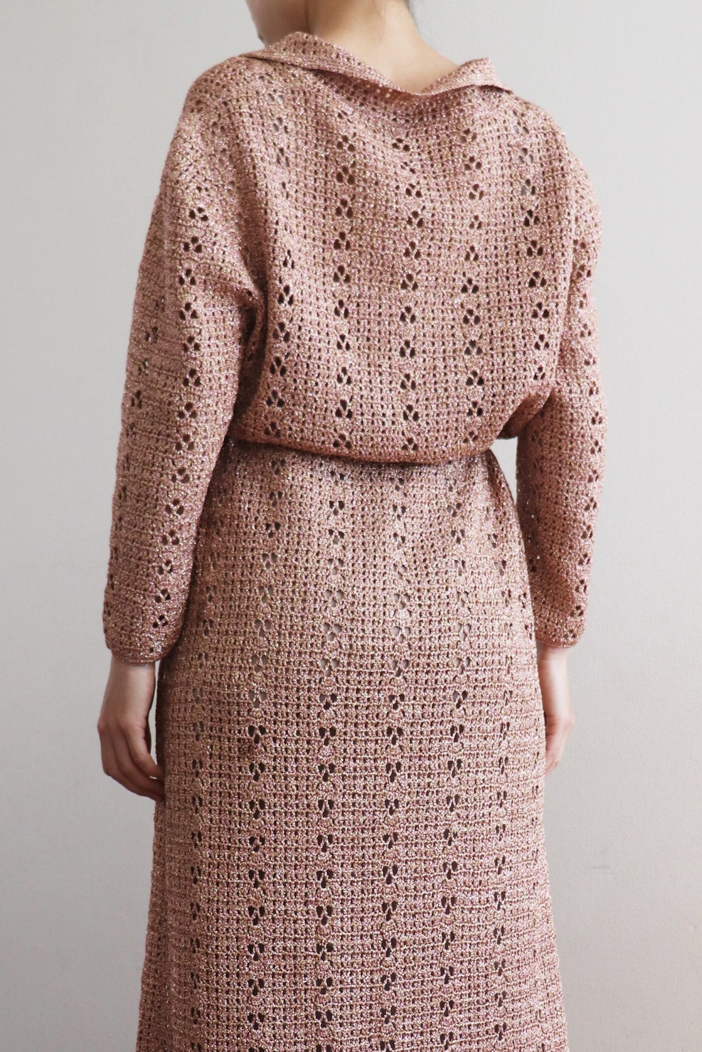 70s Rose Gold Lurex Handmade Crochet Maxi Dress