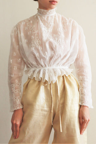 Edwardian White Flower Embroidery Soft Cotton Gauze Blouse