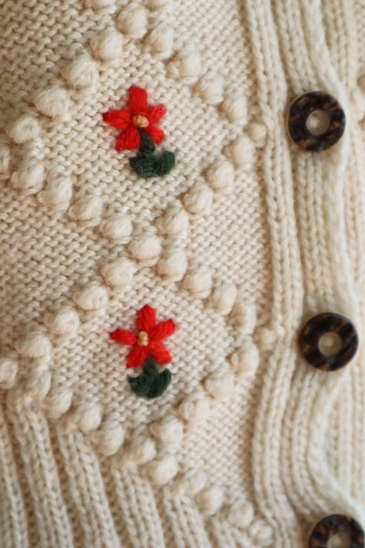 80s Off White Red Flower Embroidery Austrian Cardigan