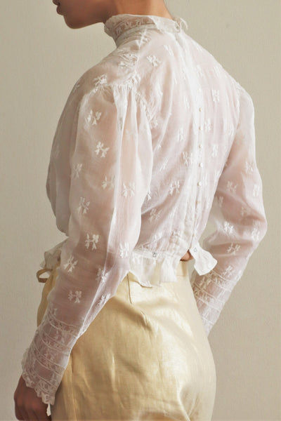 Edwardian White Flower Embroidery Soft Cotton Gauze Blouse