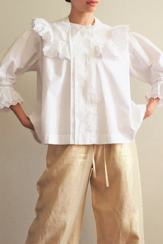 1900s Frilled Sailor Collar White Cotton Blouse