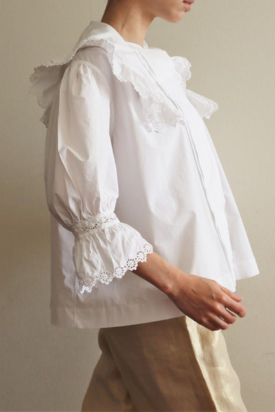 1900s Frilled Sailor Collar White Cotton Blouse
