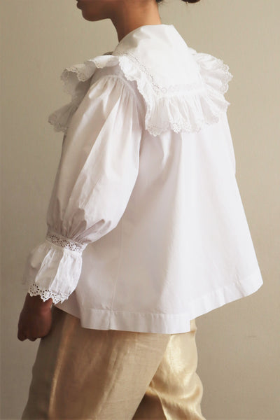 1900s Frilled Sailor Collar White Cotton Blouse
