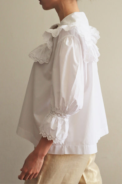 1900s Frilled Sailor Collar White Cotton Blouse