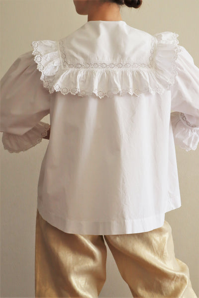 1900s Frilled Sailor Collar White Cotton Blouse