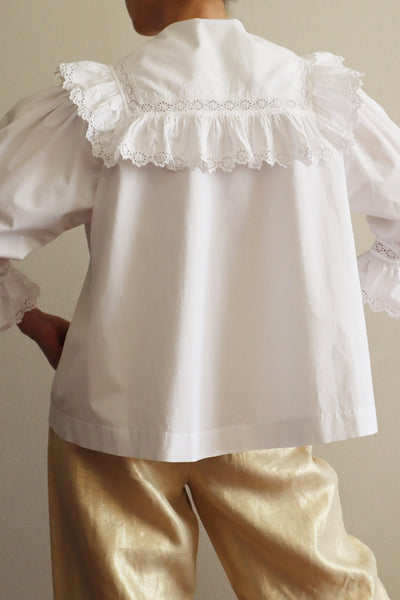 1900s Frilled Sailor Collar White Cotton Blouse