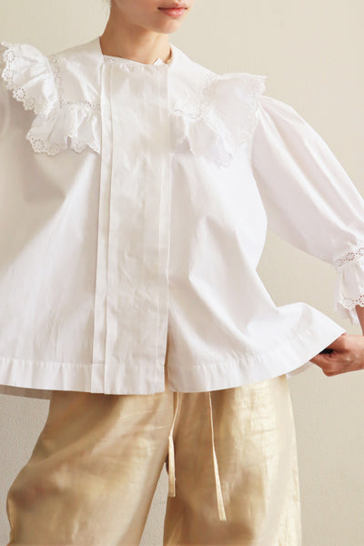 1900s Frilled Sailor Collar White Cotton Blouse