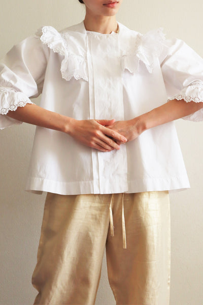 1900s Frilled Sailor Collar White Cotton Blouse