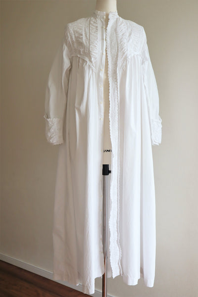 1900s Hand Embroidery Gather Design White Cotton Long Dress