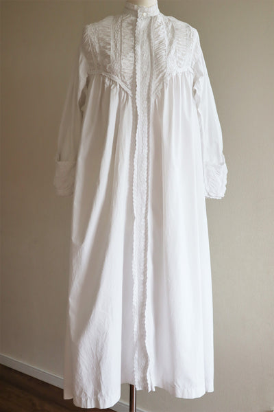 1900s Hand Embroidery Gather Design White Cotton Long Dress