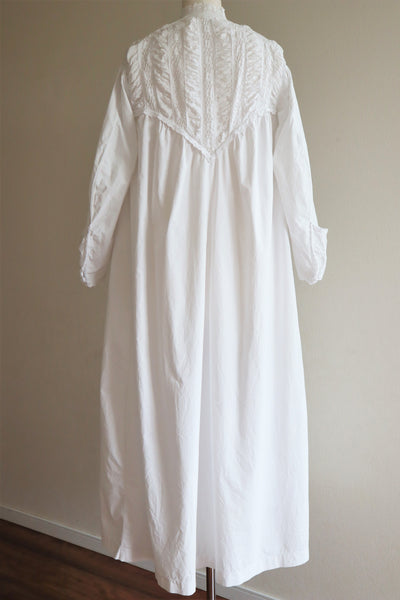 1900s Hand Embroidery Gather Design White Cotton Long Dress