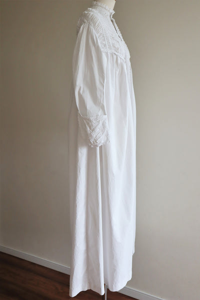 1900s Hand Embroidery Gather Design White Cotton Long Dress