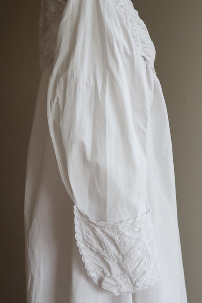 1900s Hand Embroidery Gather Design White Cotton Long Dress