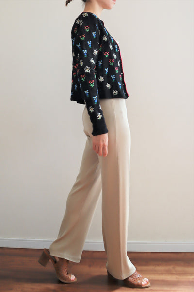 70s Hand Knit Black Flower Garden Austrian Cardigan