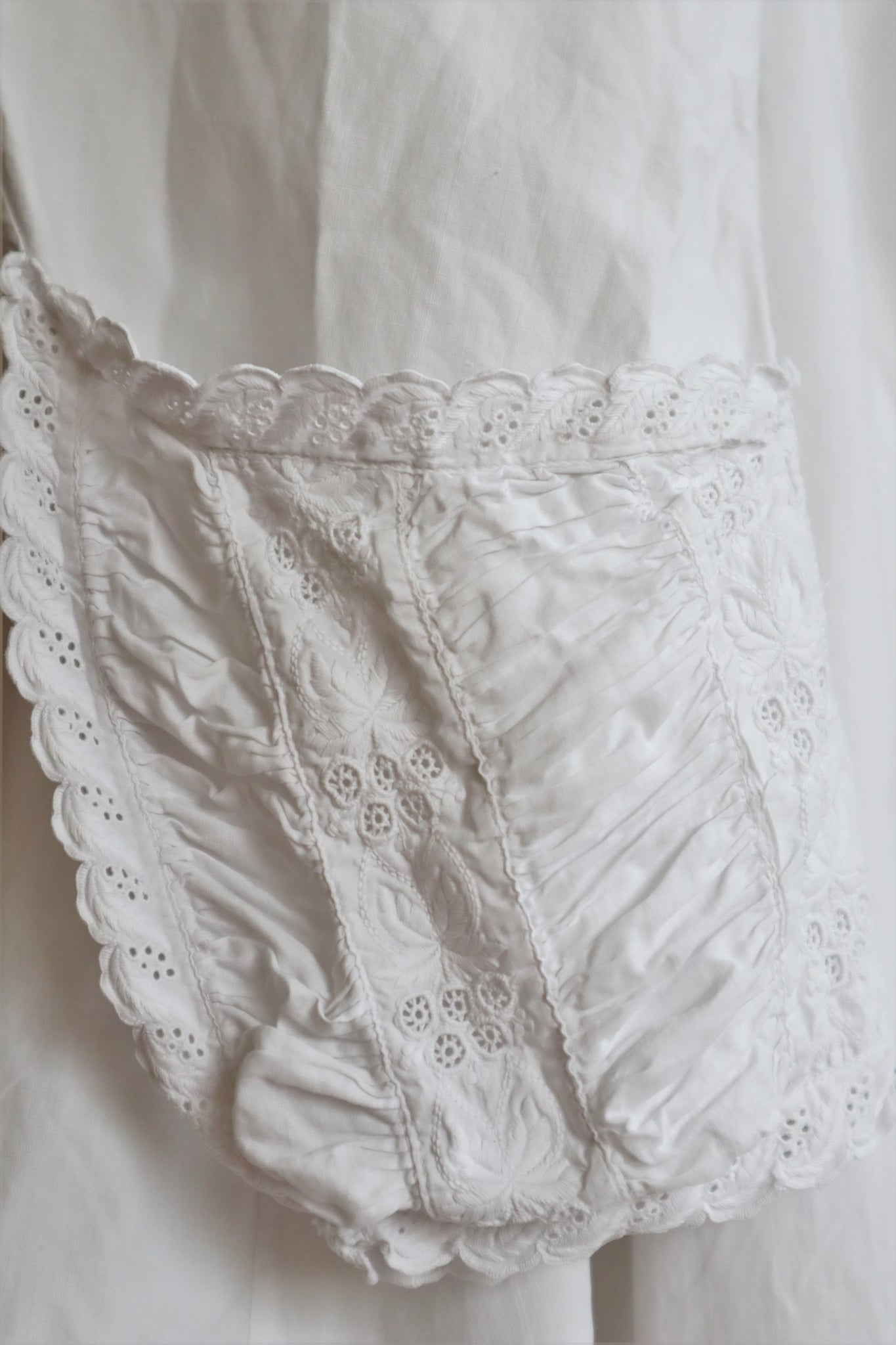 1900s Hand Embroidery Gather Design White Cotton Long Dress