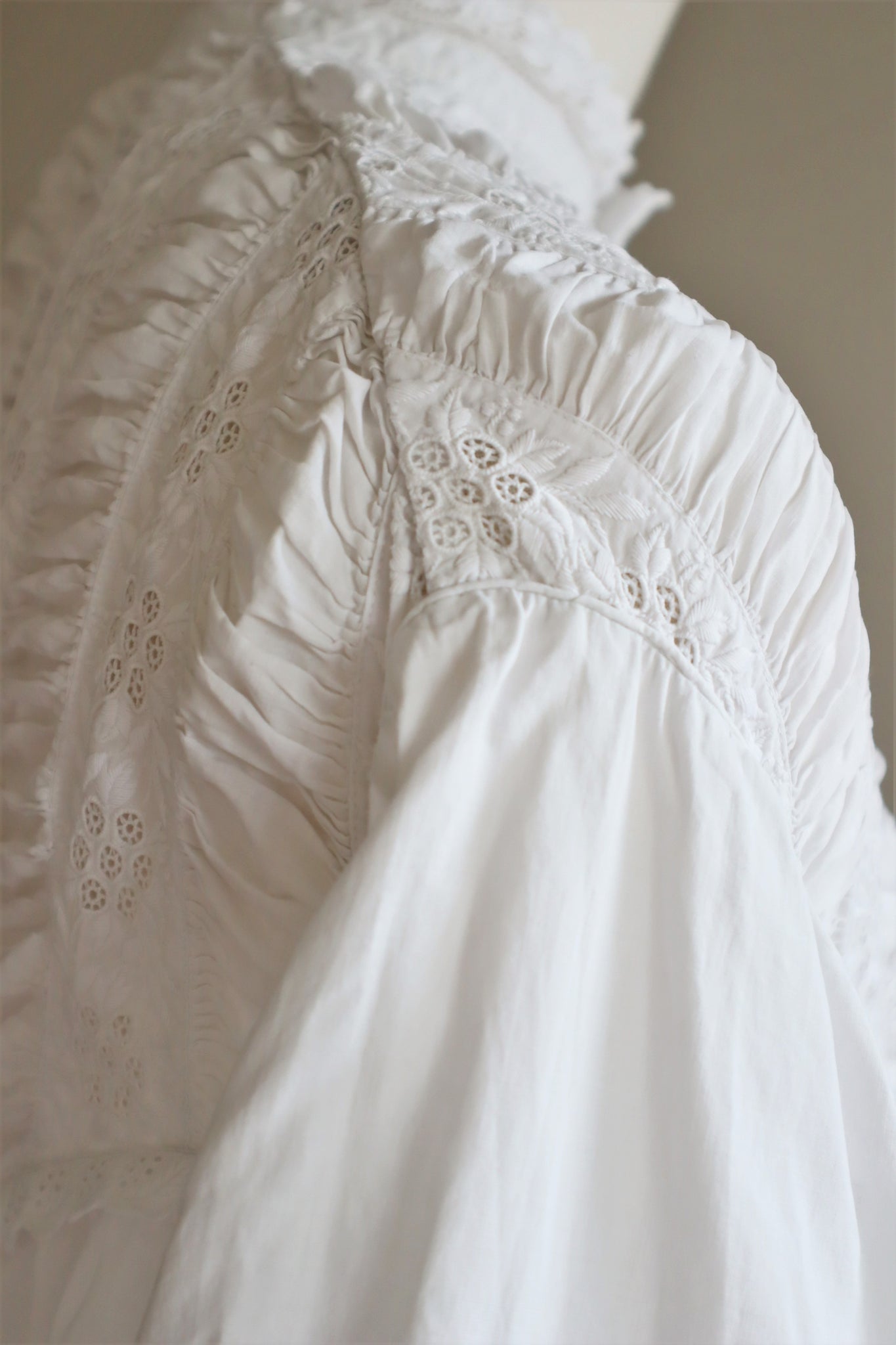 1900s Hand Embroidery Gather Design White Cotton Long Dress