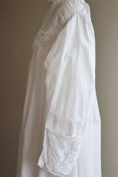 1900s Hand Embroidery Gather Design White Cotton Long Dress