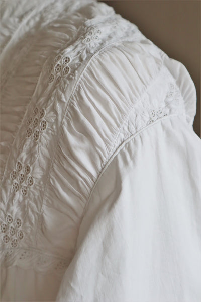 1900s Hand Embroidery Gather Design White Cotton Long Dress