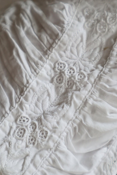 1900s Hand Embroidery Gather Design White Cotton Long Dress