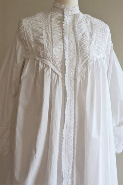 1900s Hand Embroidery Gather Design White Cotton Long Dress