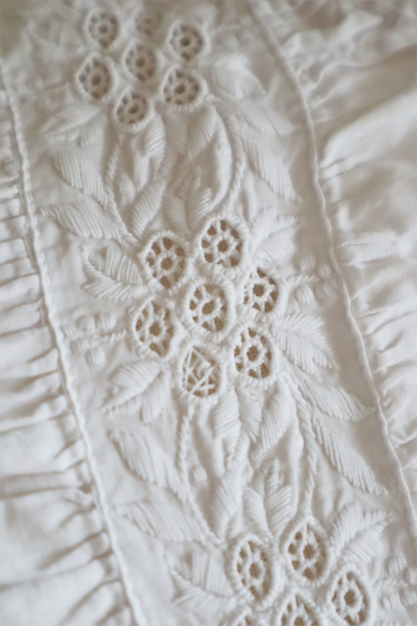 1900s Hand Embroidery Gather Design White Cotton Long Dress